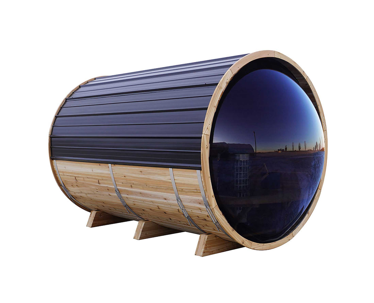 8' Red Cedar Panoramic Barrel Sauna With 2' Porch
