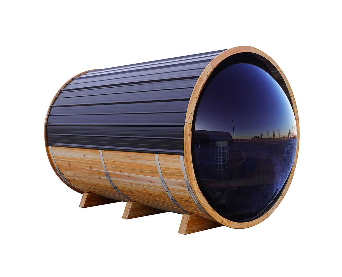 8' Red Cedar Panoramic Barrel Sauna With 2' Porch