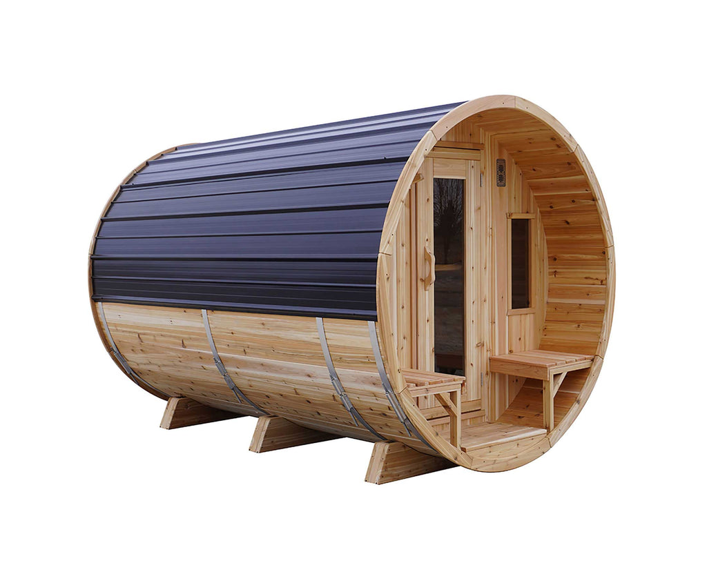 8' Red Cedar Panoramic Barrel Sauna With 2' Porch