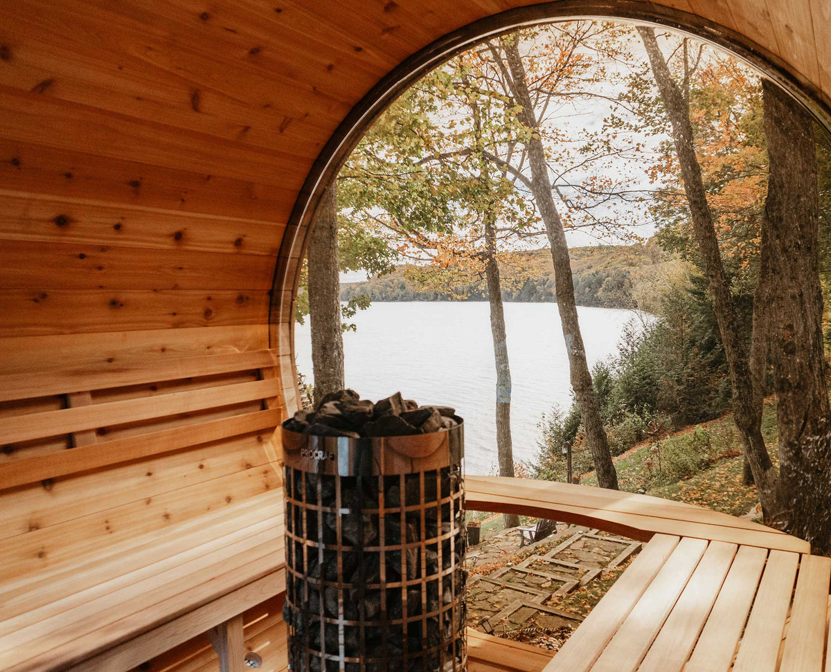 8' Red Cedar Panoramic Barrel Sauna With 2' Porch